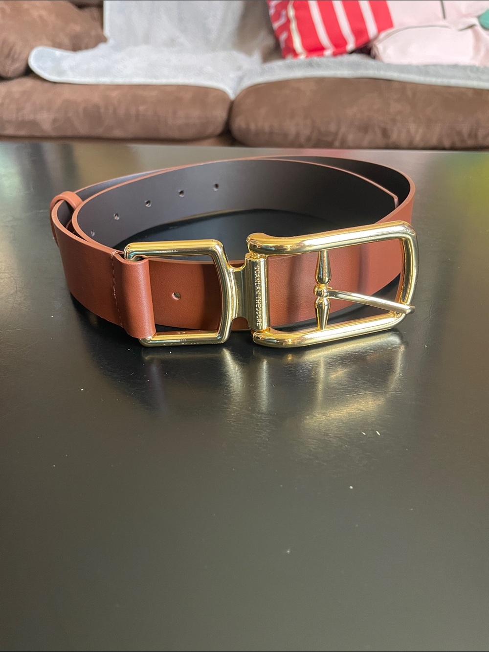 Scanlan Theodore Tan Brown Leather Belt with Gold Buckle